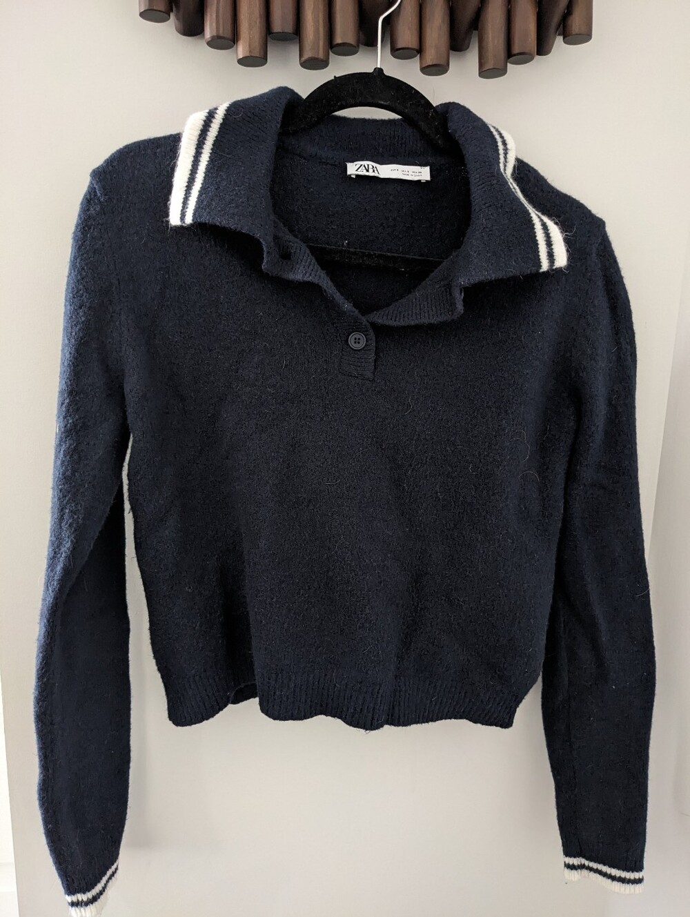 Zara Women's Navy Polo Knit Sweater with White Stripe Trim - Size Medium